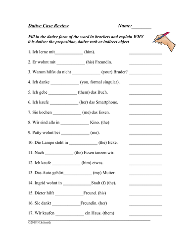 Dative Case German Worksheet - Dativ Arbeitsblatt