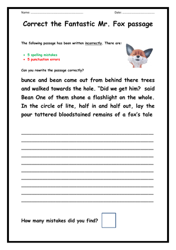 Fantastic Mr Fox - Punctuation and Spelling Task