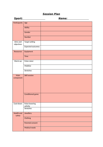 BTEC Sport (Level 2) - Unit 6 - Session plan template