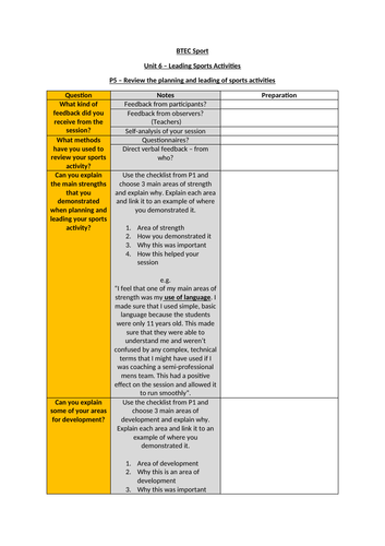 BTEC Sport - Unit 6 - Session evaluation template