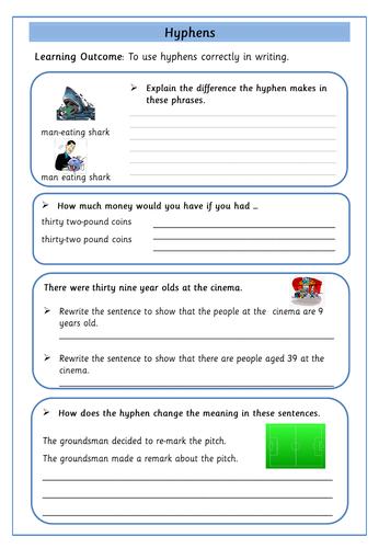 hyphens worksheets teaching resources
