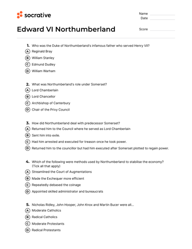 Multiple Choice Quizzes for Henry VII, Henry VIII, Edward VI and Mary I ...