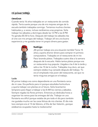 Spanish Imperfect Reading + Worksheet: Mi Primer Trabajo (Imperfecto)