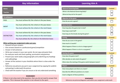 Football – Unit 7 Checklists – BTEC Sport | Teaching Resources