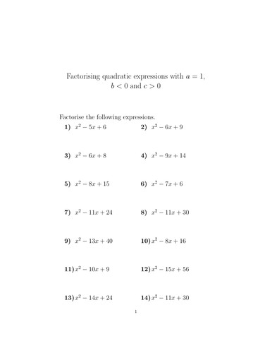 Factorising quadratic expressions with a=1, b negative and c positive ...