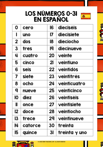 SPANISH NUMBERS 0-31 LIST FREEBIE | Teaching Resources