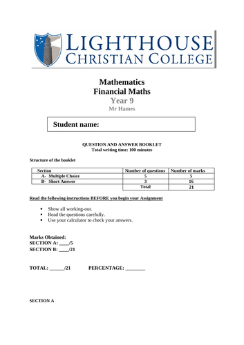 Year 8-9 Financial Maths Test, Worksheet | Teaching Resources
