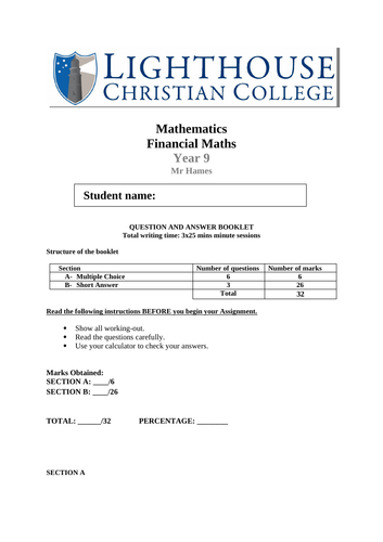 year 8 9 financial maths test worksheet teaching resources