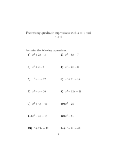 Factorising quadratic expressions with a=1 and c less than 0 worksheet ...