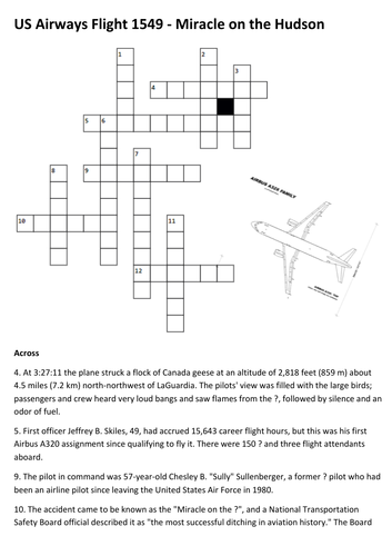 US Airways Flight 1549 Miracle on the Hudson Crossword Teaching