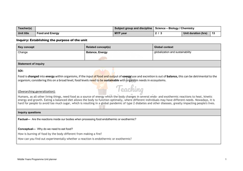 IB MYP Unit Planner - Food and Energy - MYP 2 & 3 | Teaching Resources