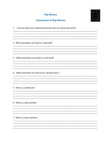 Musical instruments worksheet - Pop History