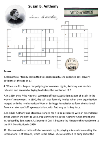 Susan B Anthony Crossword Teaching Resources