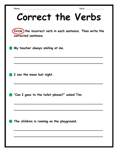 Verbs Worksheets - Correct the Verbs & Missing Verbs | Teaching Resources