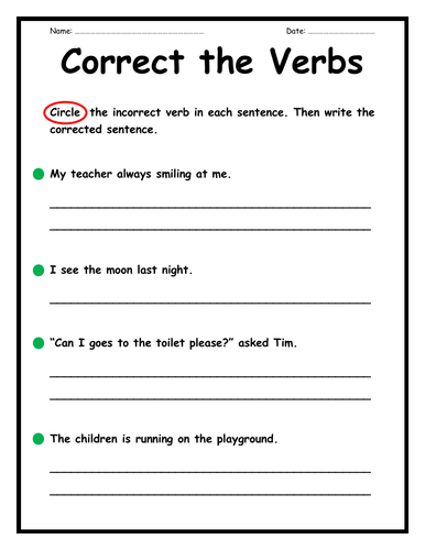 Verbs Worksheets - Correct  the Verbs & Missing Verbs