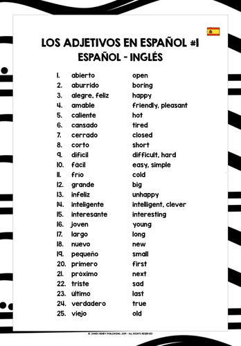 SPANISH ADJECTIVES LIST FREEBIE #1 | Teaching Resources