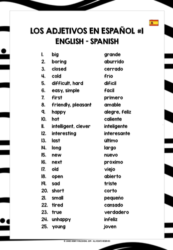 SPANISH ADJECTIVES LIST FREEBIE #1 | Teaching Resources