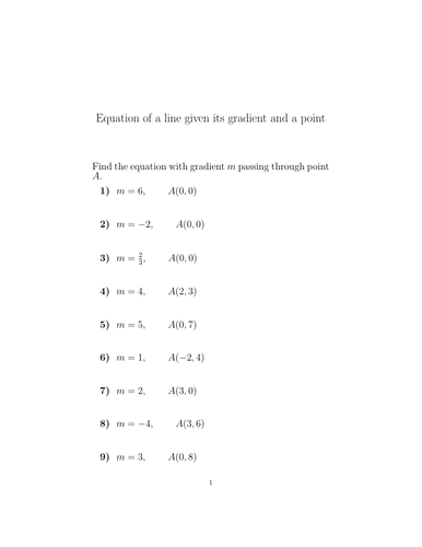 Equation of a line given its gradient and a point worksheet no 2 (with ...
