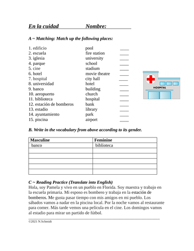 In the City Spanish Vocabulary Worksheet: En la ciudad/edificios