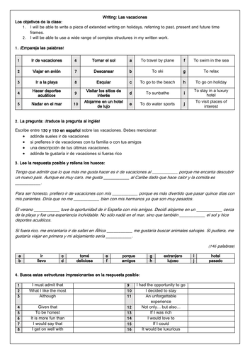 Spanish holidays scaffolded writing for GCSE