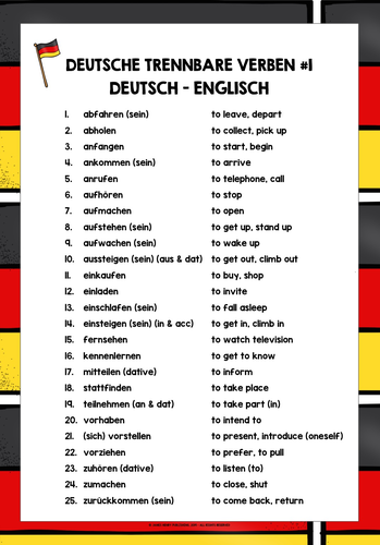 GERMAN SEPARABLE VERBS LIST FREEBIE #1 | Teaching Resources