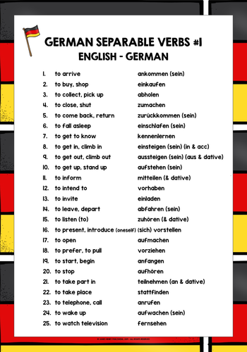 GERMAN SEPARABLE VERBS LIST FREEBIE #1 | Teaching Resources