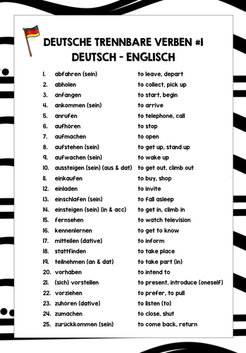 GERMAN SEPARABLE VERBS LIST FREEBIE #1 | Teaching Resources