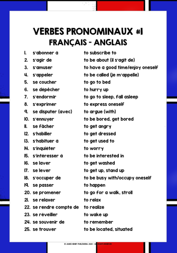 FRENCH REFLEXIVE VERBS LIST FREEBIE #1 | Teaching Resources