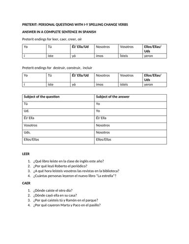 I Y Spelling Change Preterit Questions Teaching Resources