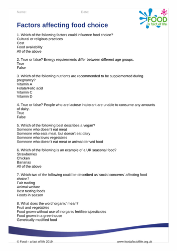 Lifestyle - Factors affecting food choice | Teaching Resources