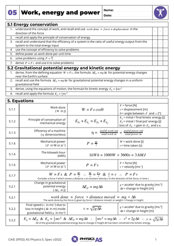 AS Physics 9702 - Spec Sheet - 05. Work, energy and power | Teaching ...