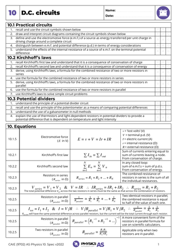 AS Physics 9702 - Spec Sheet - 10. D.C. circuits | Teaching Resources