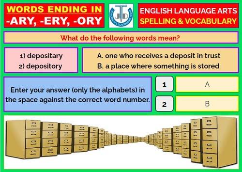 SUFFIXES - WORDS ENDING IN -ARY, -ERY AND -ORY: 36 BOOM CARDS