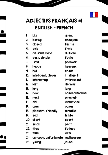 FRENCH ADJECTIVES REFERENCE LIST #1 | Teaching Resources