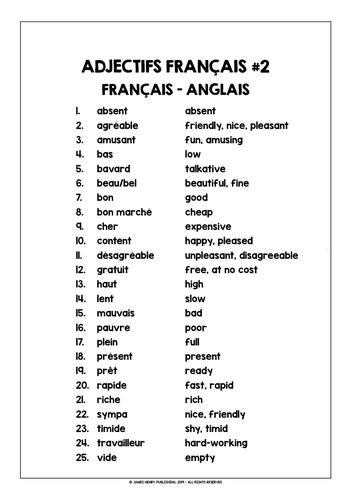 FRENCH ADJECTIVES LIST FREEBIE #2 | Teaching Resources