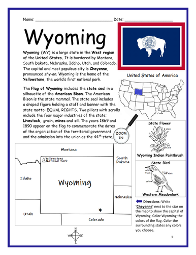 WYOMING - Introductory Geography Worksheet | Teaching Resources