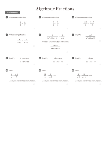 Algebraic Fractions Worksheet Answers Higher Gcse Teaching Resources