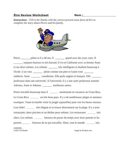 Être Verb Review in Present Tense with a Short Story: French Worksheet