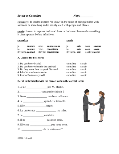 Savoir vs Connaître French Worksheet with Explanations