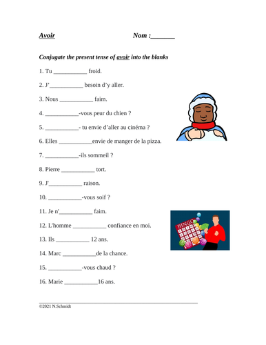 Avoir Expressions Worksheet in French