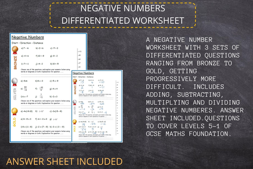  GCSE Foundation Maths Negative Numbers Differentiated Worksheet 