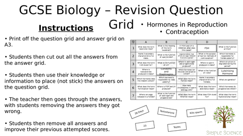 GCSE Biology - Homeostasis and Response Revision Question Grids ...