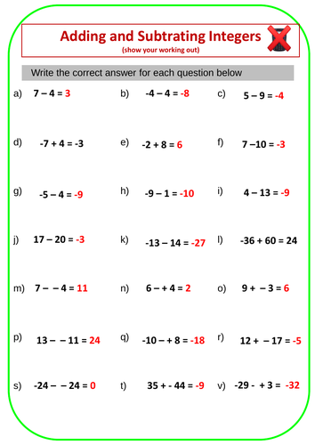 adding and subtracting integers worksheet