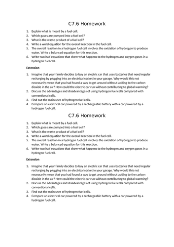 Aqa Gcse Chemistry 9 1 C7 6 Fuel Cells Full Lesson Teaching Resources