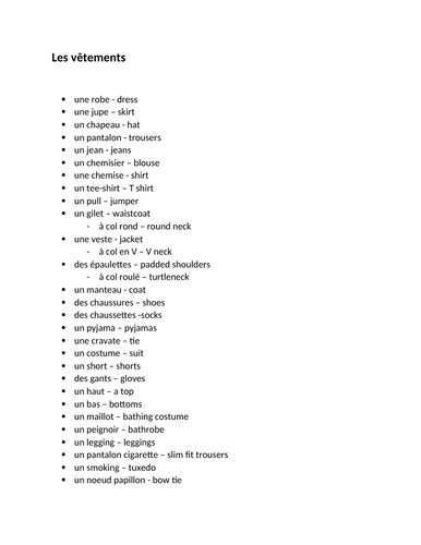 GCSE A* VOCABULARY REVISION SHEETS LES VETEMENTS -CLOTHES | Teaching ...