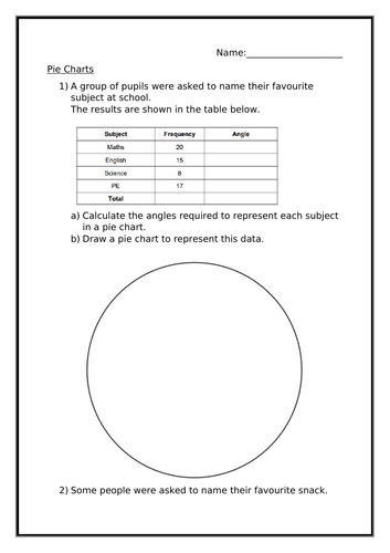 pie charts worksheet teaching resources