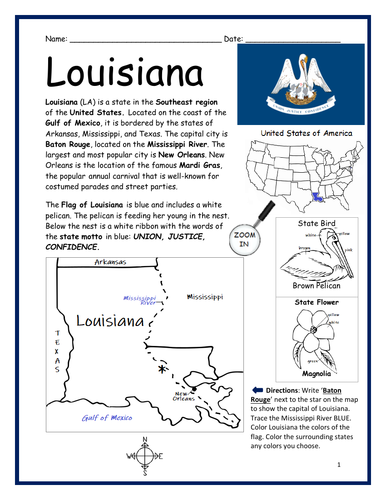 LOUISIANA - Introductory Geography Worksheet | Teaching Resources