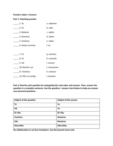 Saber conocer matching and practice | Teaching Resources