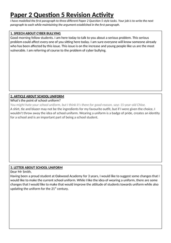 Paper 2 Question 5 Revision Activity