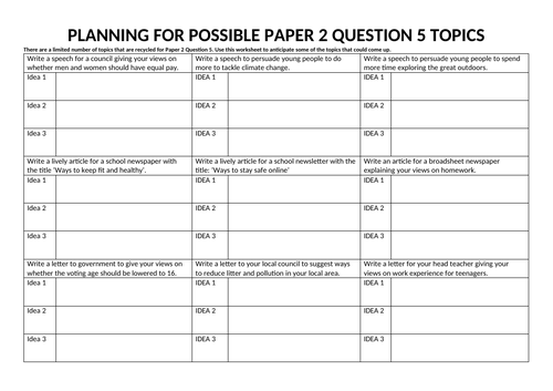 PLANNING FOR POSSIBLE PAPER 2 QUESTION 5 TOPICS